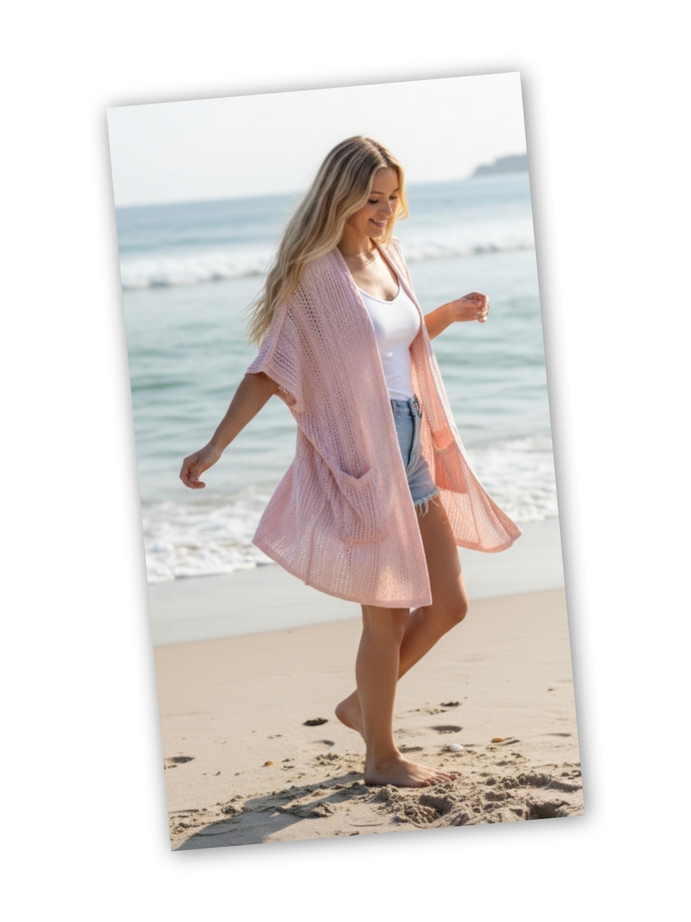POL Light Pink Open-Front Knit Cardigan with Pockets